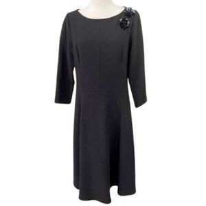Rickie Freeman for Teri Jon Black 100% Wool Crepe Dress Floral Appliqué Size 12